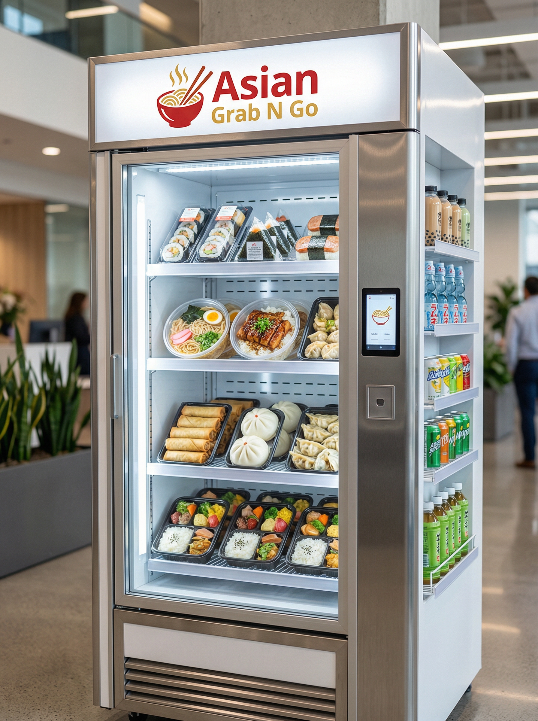 Asian Grab N Go AI-powered vending machine with glass door showing fresh food and beverages